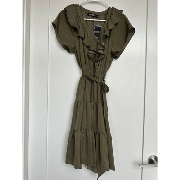 NWT Lauren Ralph Lauren Womens Olive Green Satin Ruffle Tiered Dress Size 4 - Picture 3 of 9